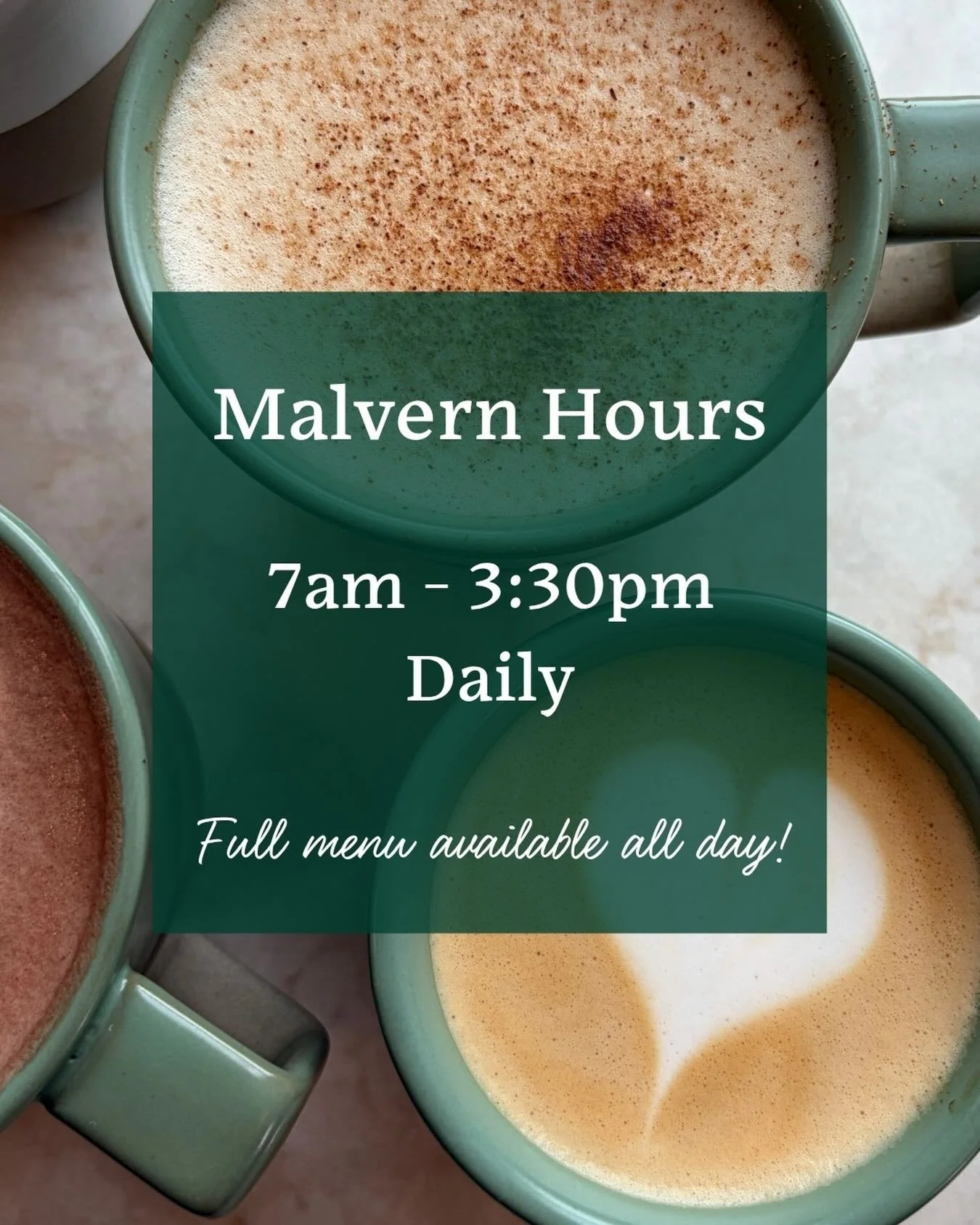 Starting Monday, August 17, Malvern will be open daily from 7am-3:30pm, with our full menu available until close. All your favorites, any time we&rsquo;re open 🍳🥪🥐☕️🥖