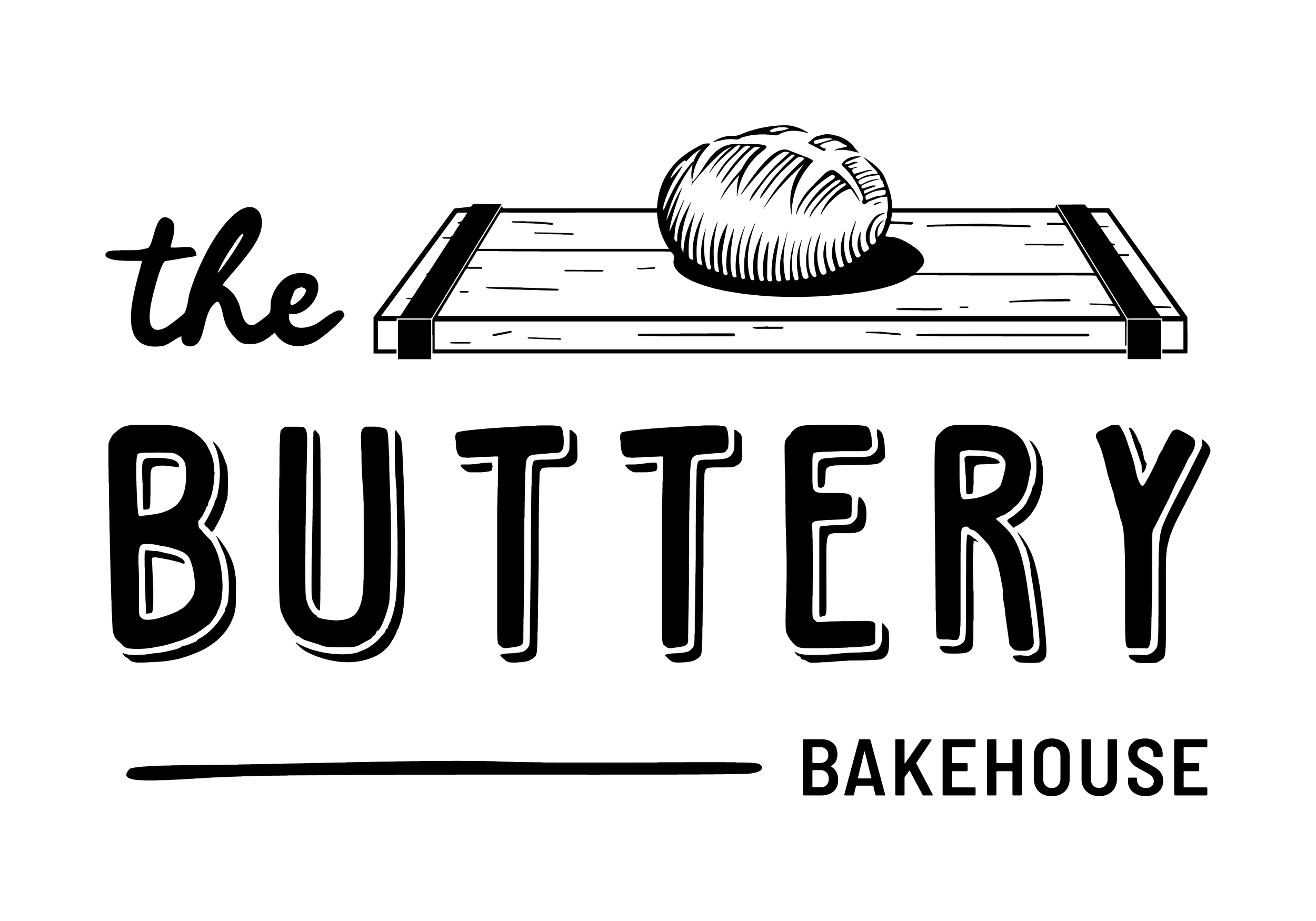 Black and white line drawing of a logo for 'the Buttery Bakehouse,' including an illustration of a round loaf of bread on a wooden cutting board, with the text 'the' in cursive font, and 'BUTTERY' and 'BAKEHOUSE' in block letters.