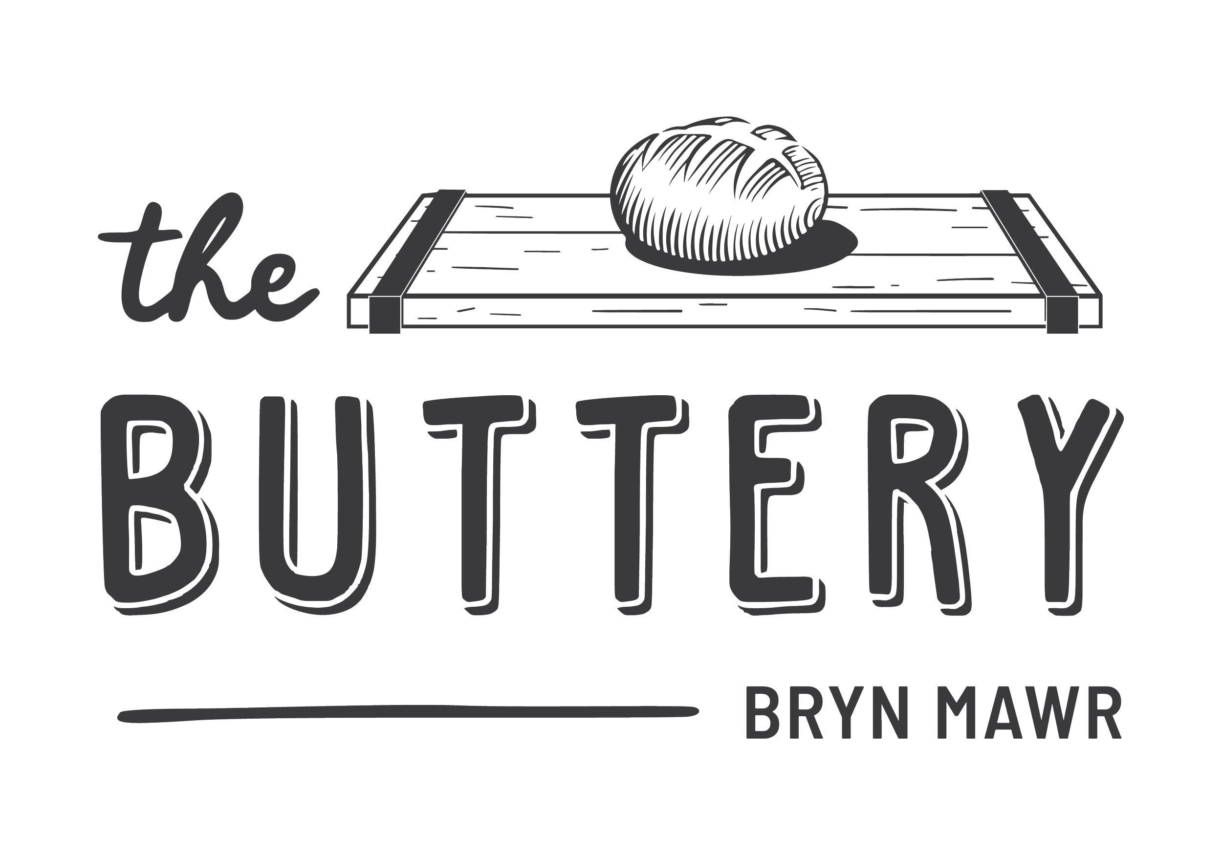 Line drawing of a loaf of bread on a cutting board with a bread knife, with the text "the BUTTERY" and "BRYN MAWR" underneath.