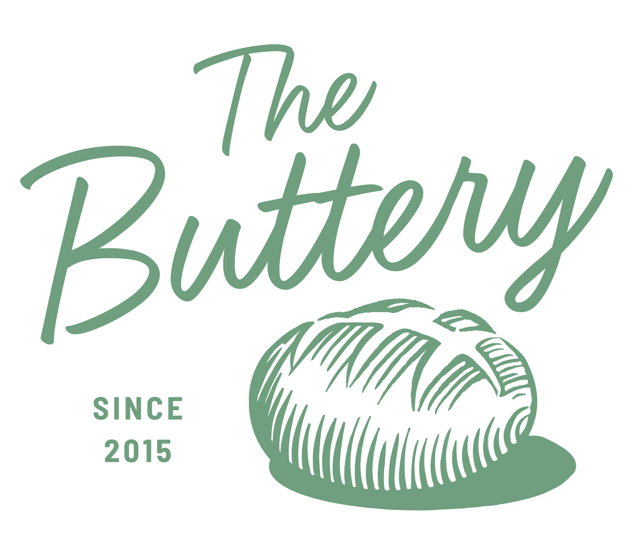 Logo for The Buttery featuring cursive text and a bread loaf illustration with the text 'Since 2015'