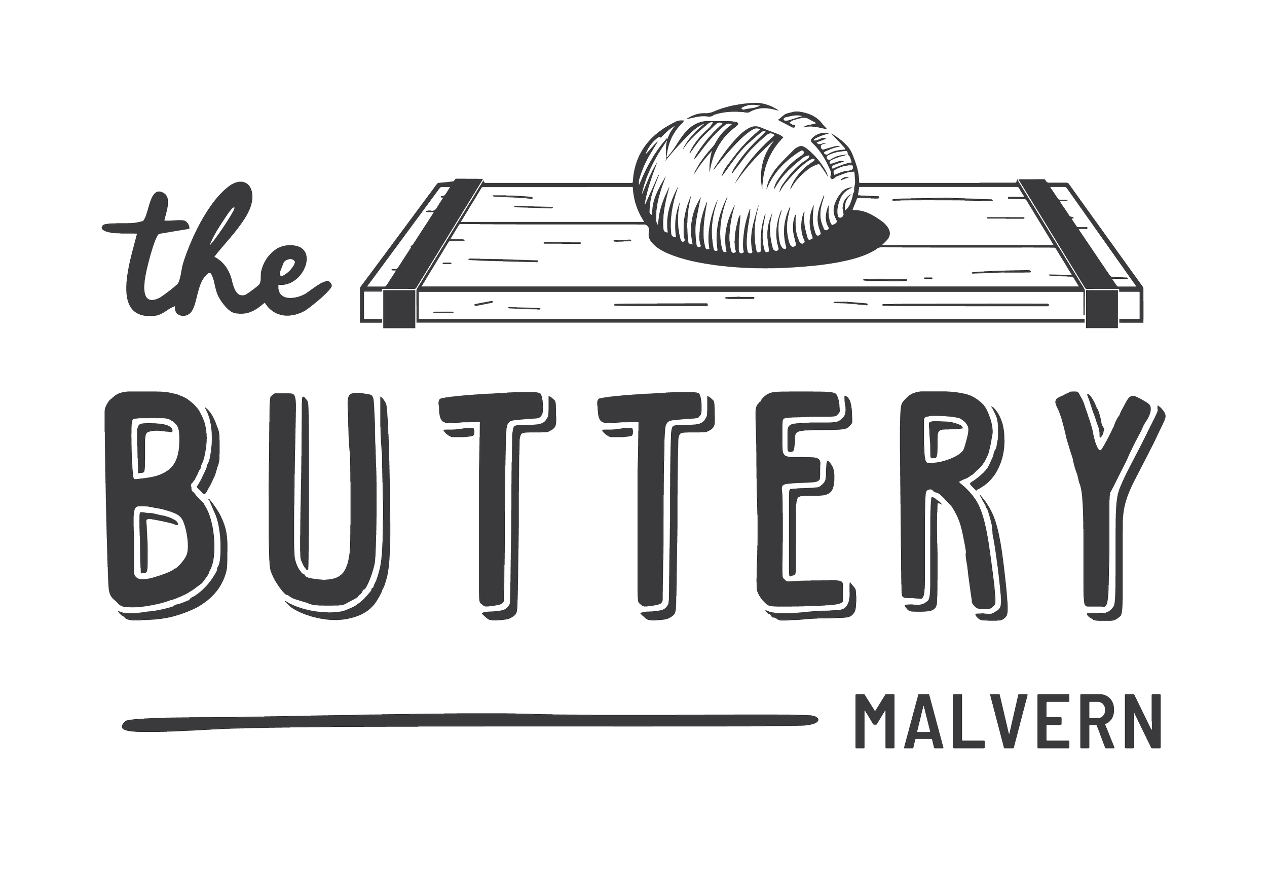 A logo for The Buttery, featuring a wooden butter board with a ball of butter on it, and text that reads 'the BUTTERY MALVERN'
