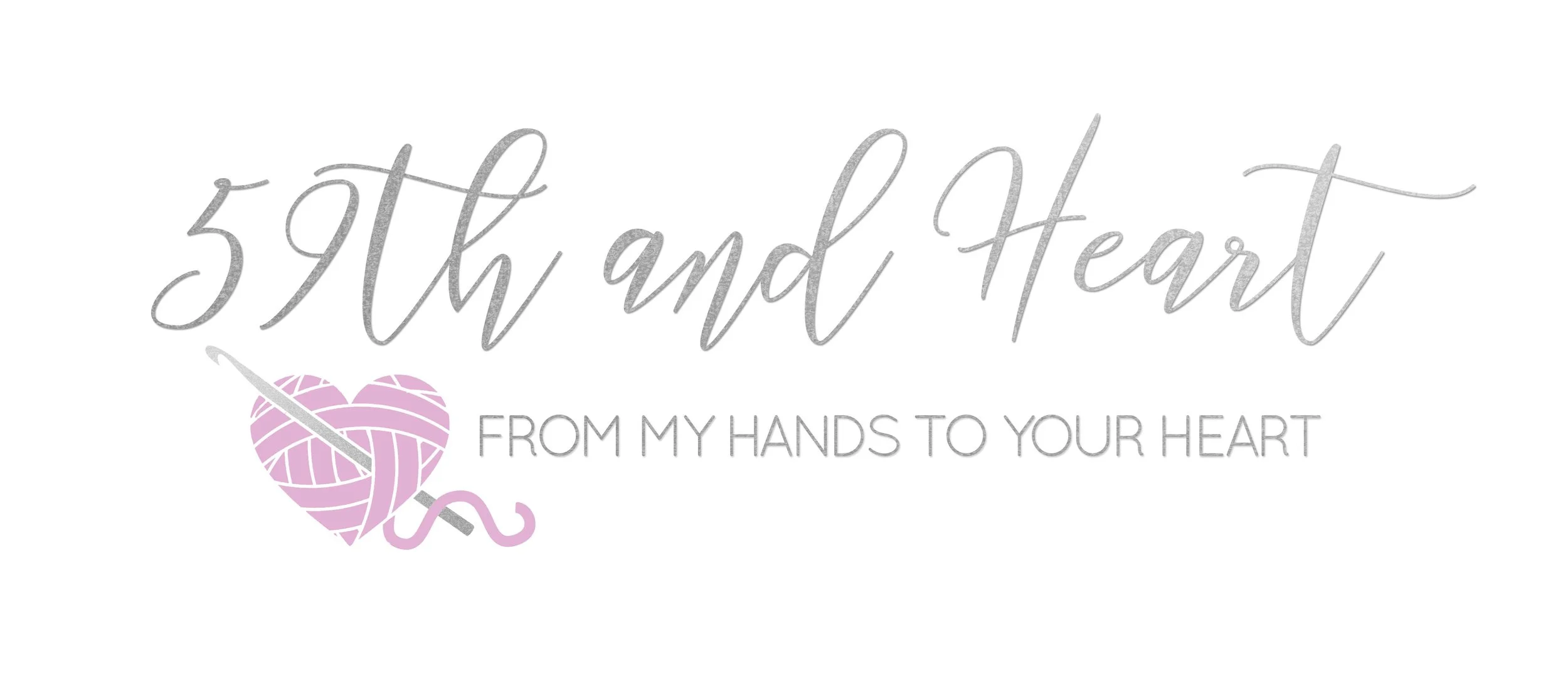 Decorative graphic with the phrase "I'd hot and Heart" in cursive gray font, a pink heart made of yarn with a gray knitting needle, and the subtitle "from my hands to your heart" in smaller gray font.