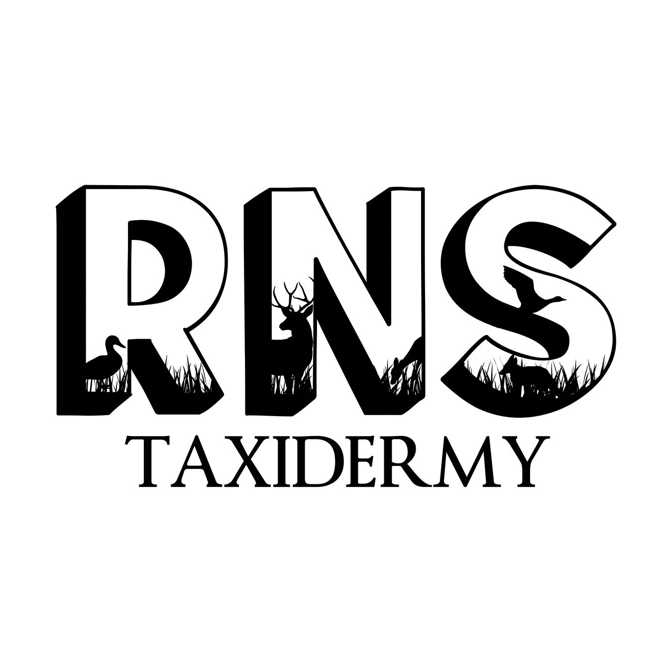 Logo for Rens Taxidermy featuring the word 'Rens' in large, bold, three-dimensional letters with wildlife silhouettes, including a duck, deer, and wolf, and grass within the letters. The word 'Taxidermy' appears below in smaller, uppercase letters.