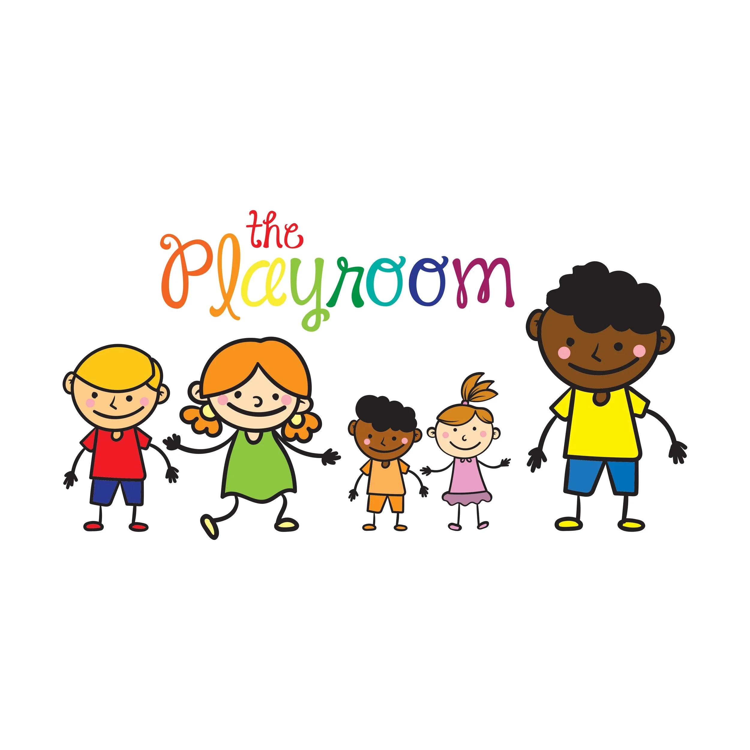 Colorful text spelling out 'The Playroom' with cartoon children children holding hands and smiling.