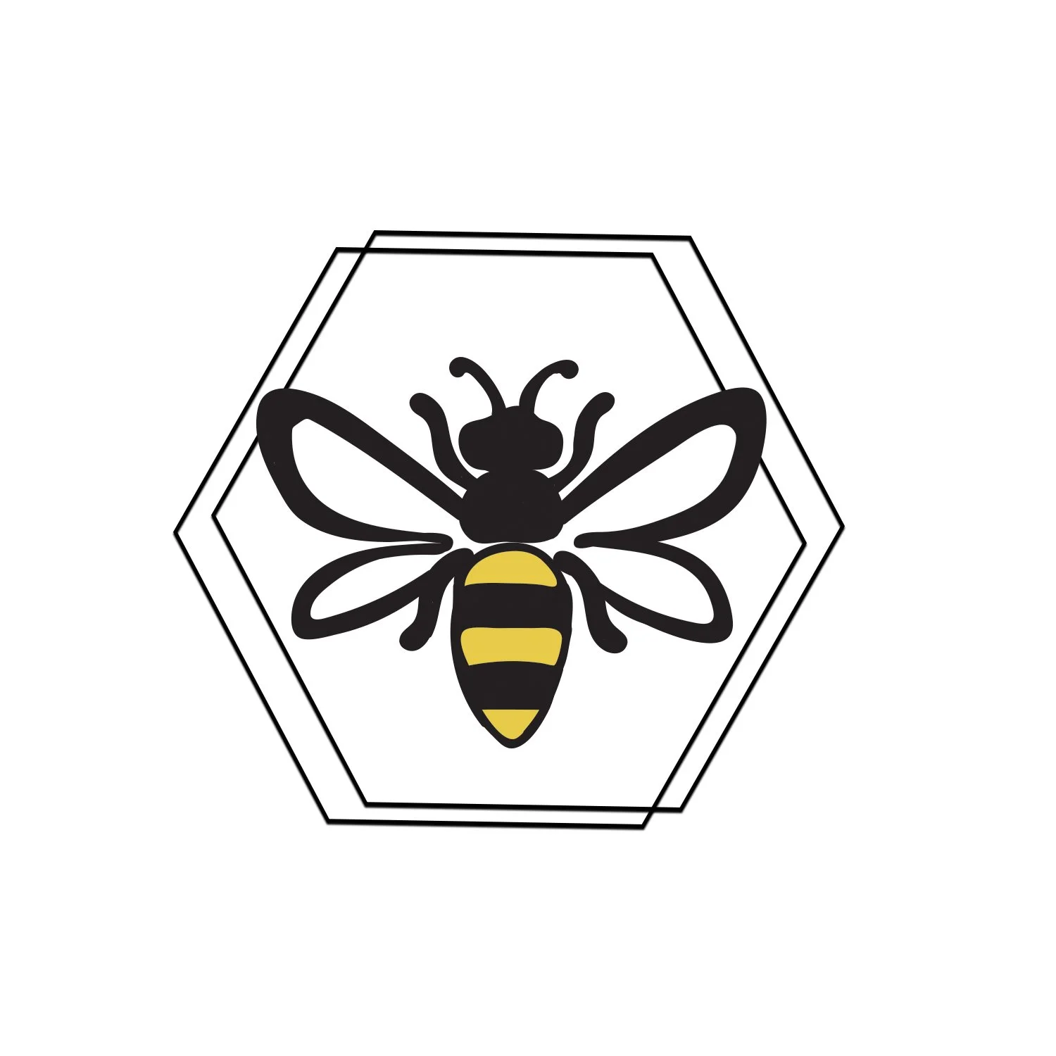 A stylized bee illustration inside a black and white hexagon outline, with yellow and black stripes on the bee's abdomen.