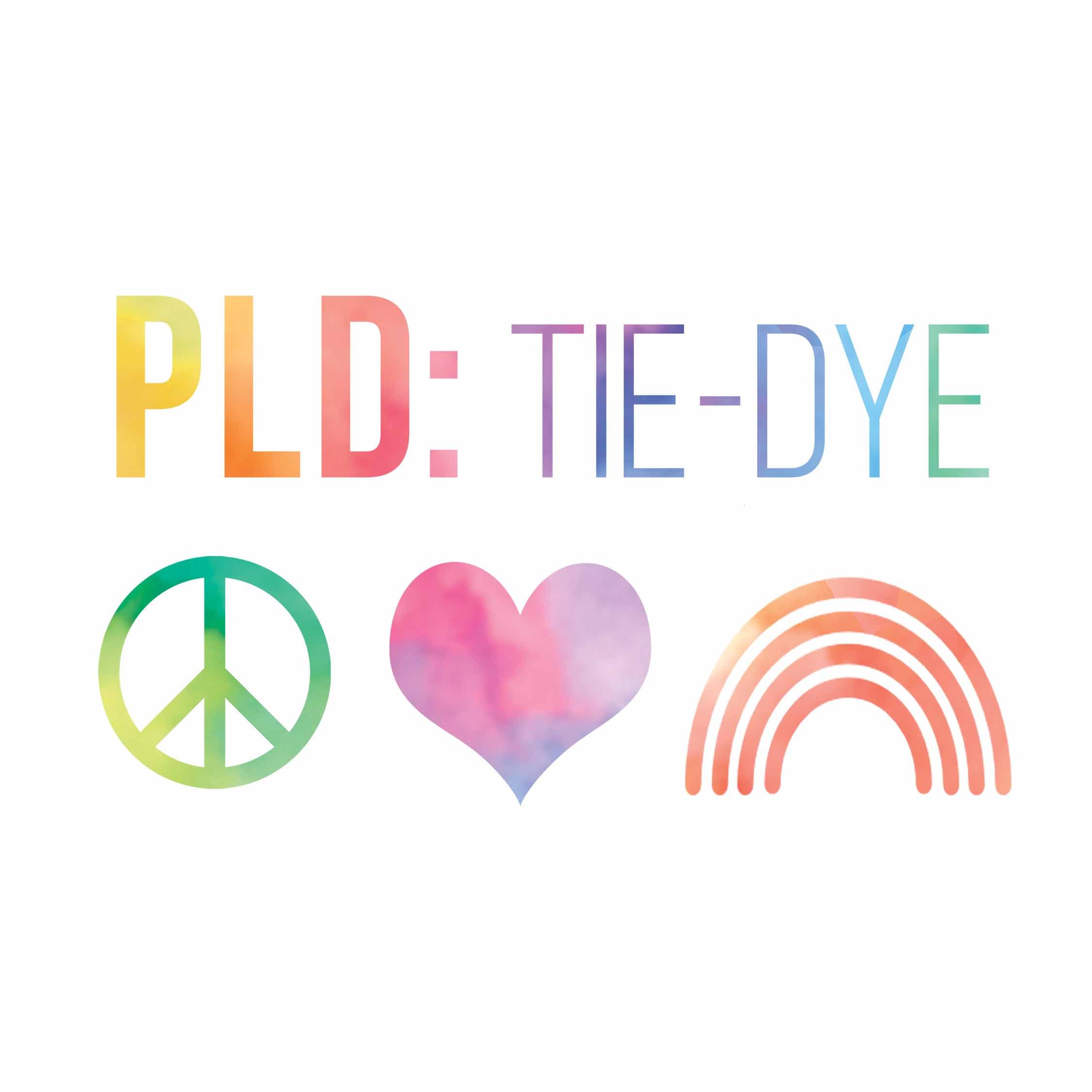 The image features the words "PLEDGE-LOVE" in colorful watercolor-style letters, with peace symbols, hearts, and rainbow-colored concentric circles decorating the lower part of the image.