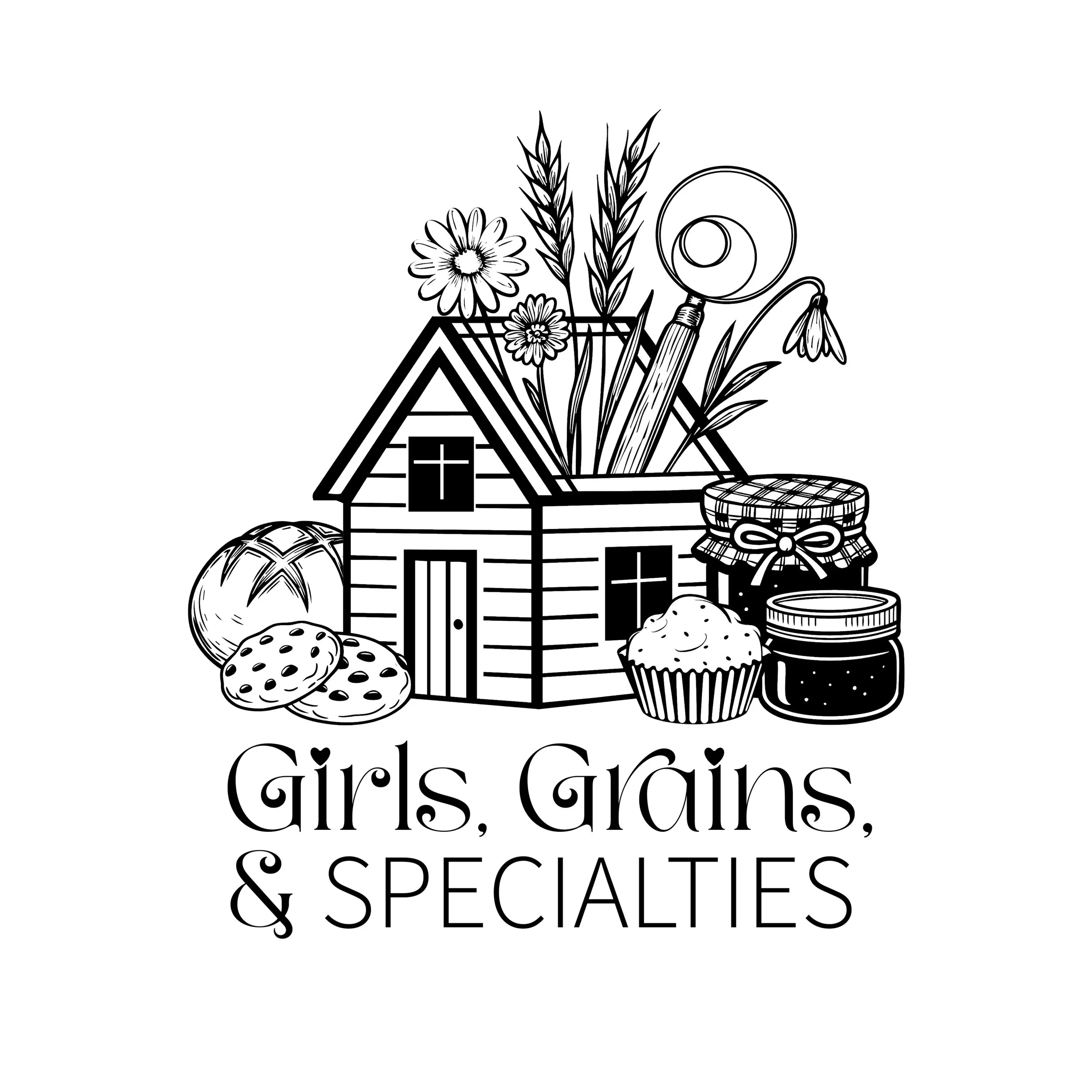 Black and white illustration of a house decorated with flowers, wheat, a magnifying glass, a jar of jam, and cookies, with text that reads 'Girls, Guys, & Specialties'.