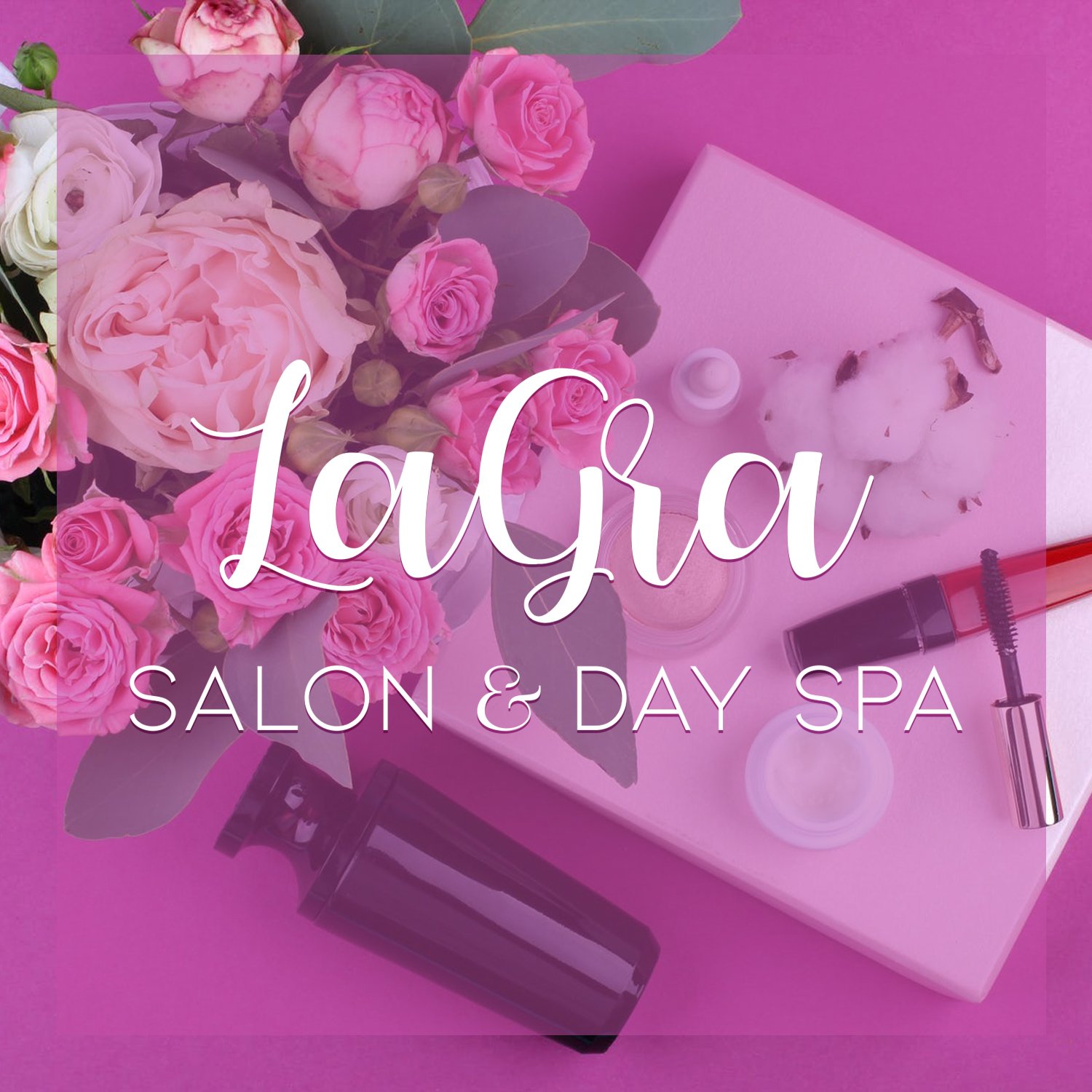 Pink roses and peonies on a pink background beside skincare and beauty products with the text 'Lalyra Salon & Day Spa' overlaid.