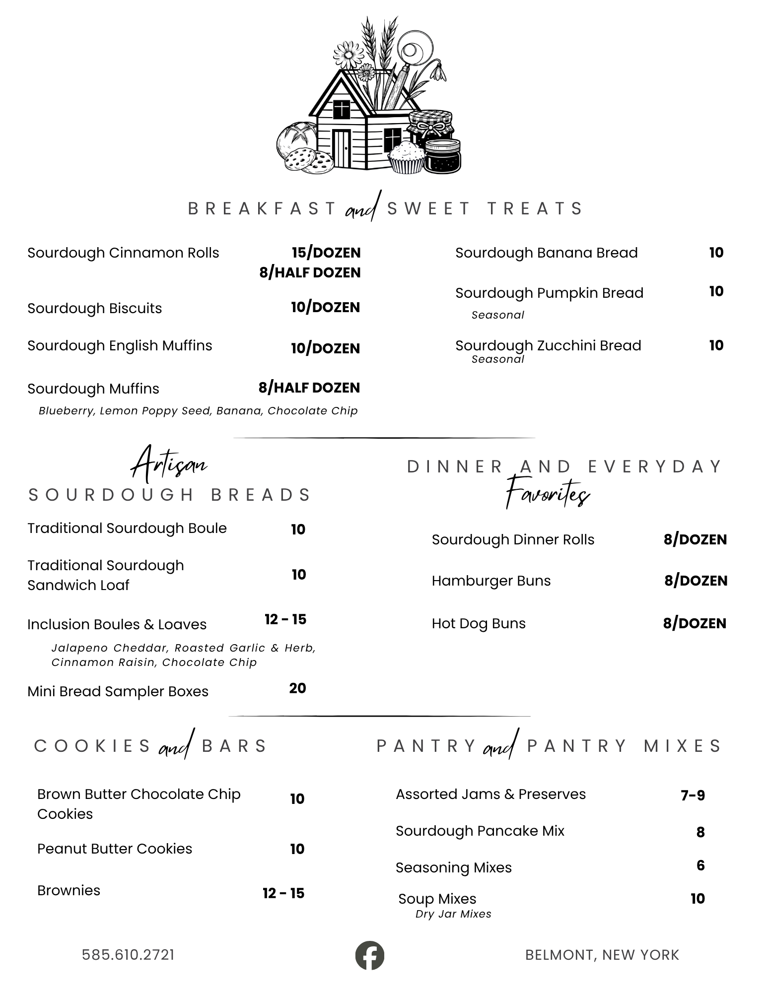 A menu featuring a variety of baked goods and pantry items, including sourdough cinnamon rolls, banana bread, pumpkin bread, zucchini bread, sourdough breads, sandwich loaves, bread sampler boxes, cookies, bars, jams, preserves, pancake mix, seasonin