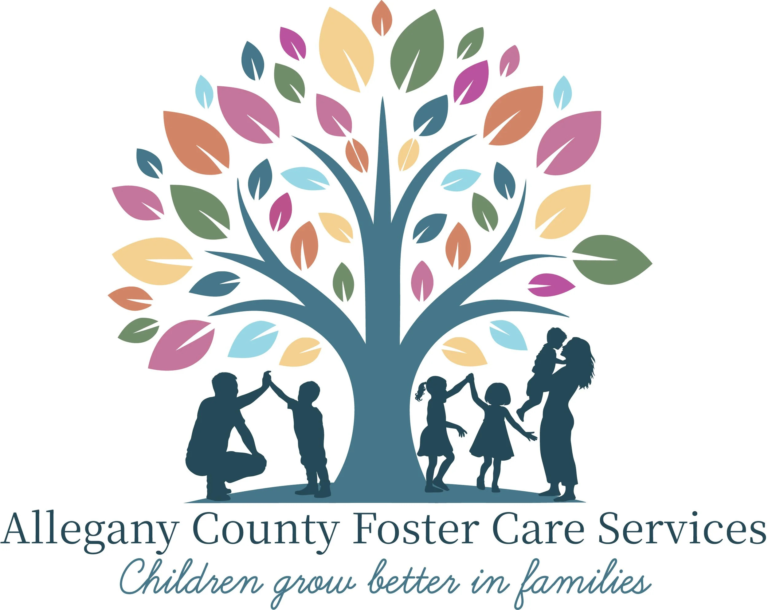 Illustration of children holding hands under a colorful tree, representing Allegany County Foster Care Services.