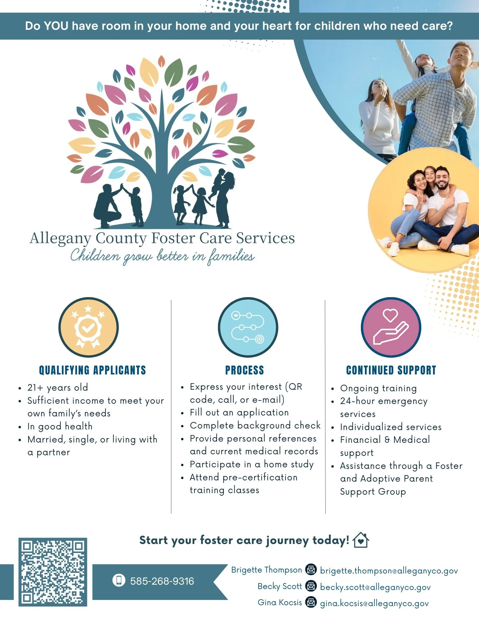 Flyer for Allegany County Foster Care Services featuring a colorful tree with children and families, a photo of a family outdoors pointing at the sky, and another of a happy family sitting on the floor, with information on qualifying applicants, proc
