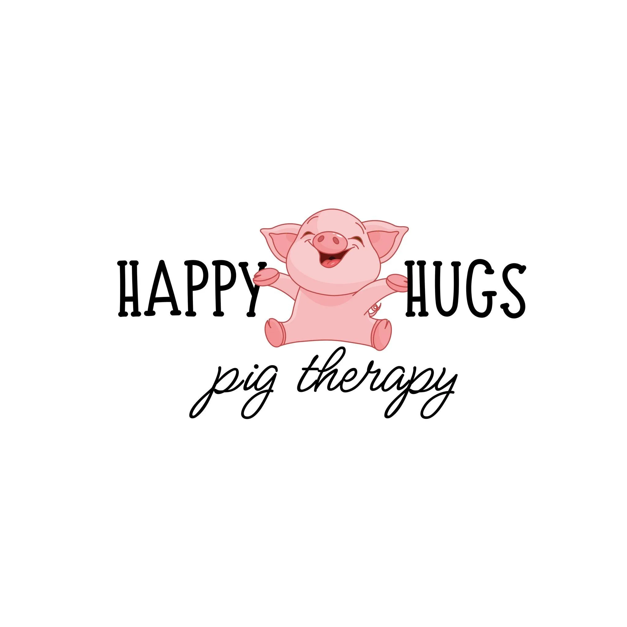 Cute cartoon piglet smiling and raising its front legs, with the text "HAPPY HOGS pig therapy"