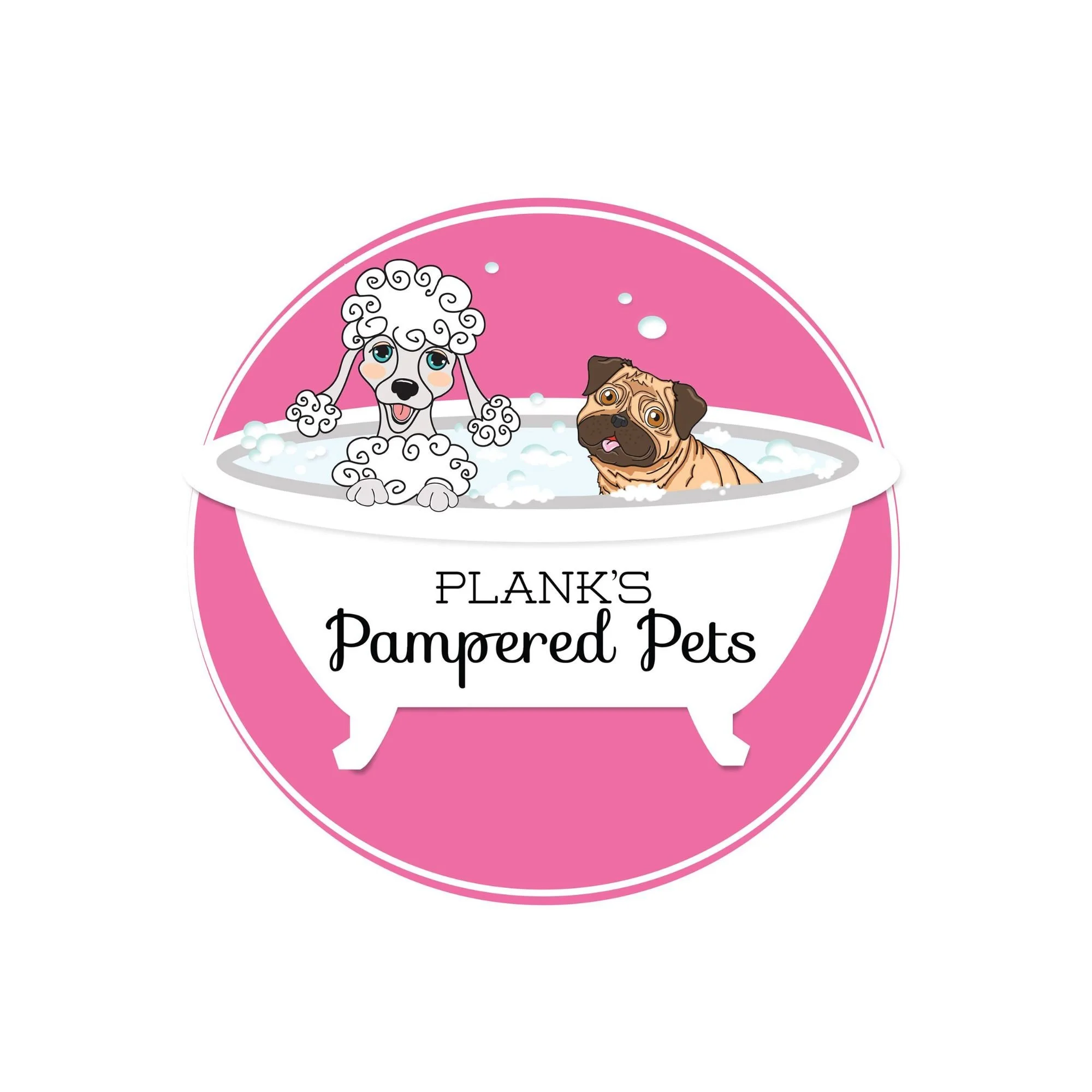 Cartoon illustration of two pampered dogs in a pet spa with soap bubbles, inside a pink speech bubble shape.