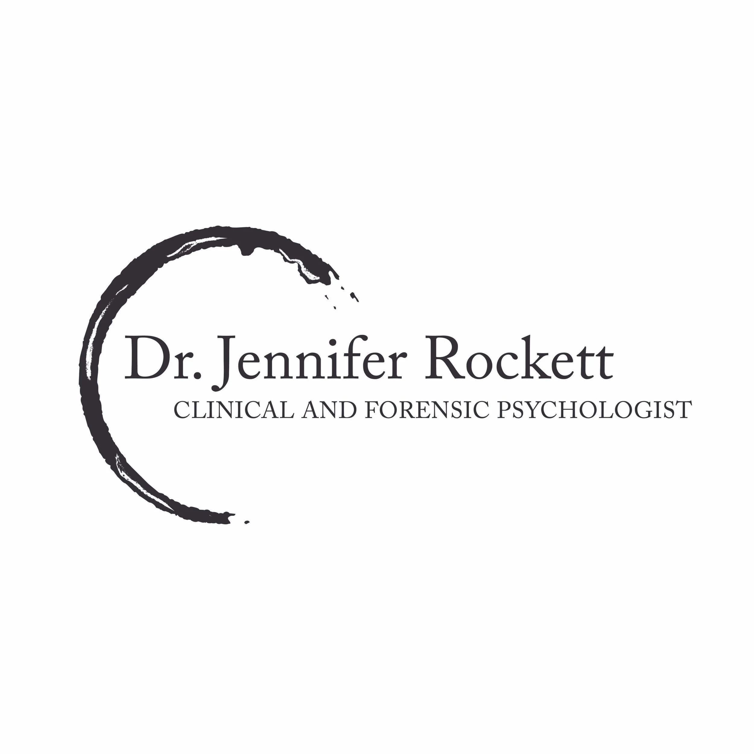 Part of a logo with text reading Dr. Jennifer Rockett, Clinical and Forensic Psychologist, and a black circular brushstroke.