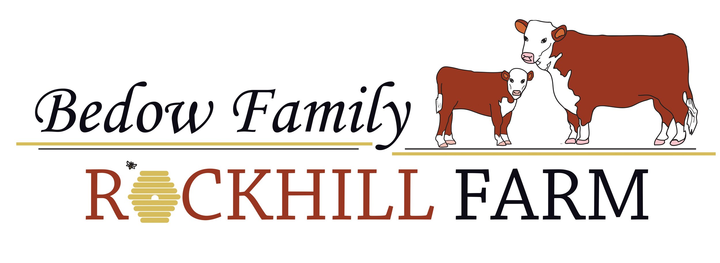 Logo for Bedow Family Rockhill Farm featuring two cows, one adult and one calf, with farm name in stylized text.