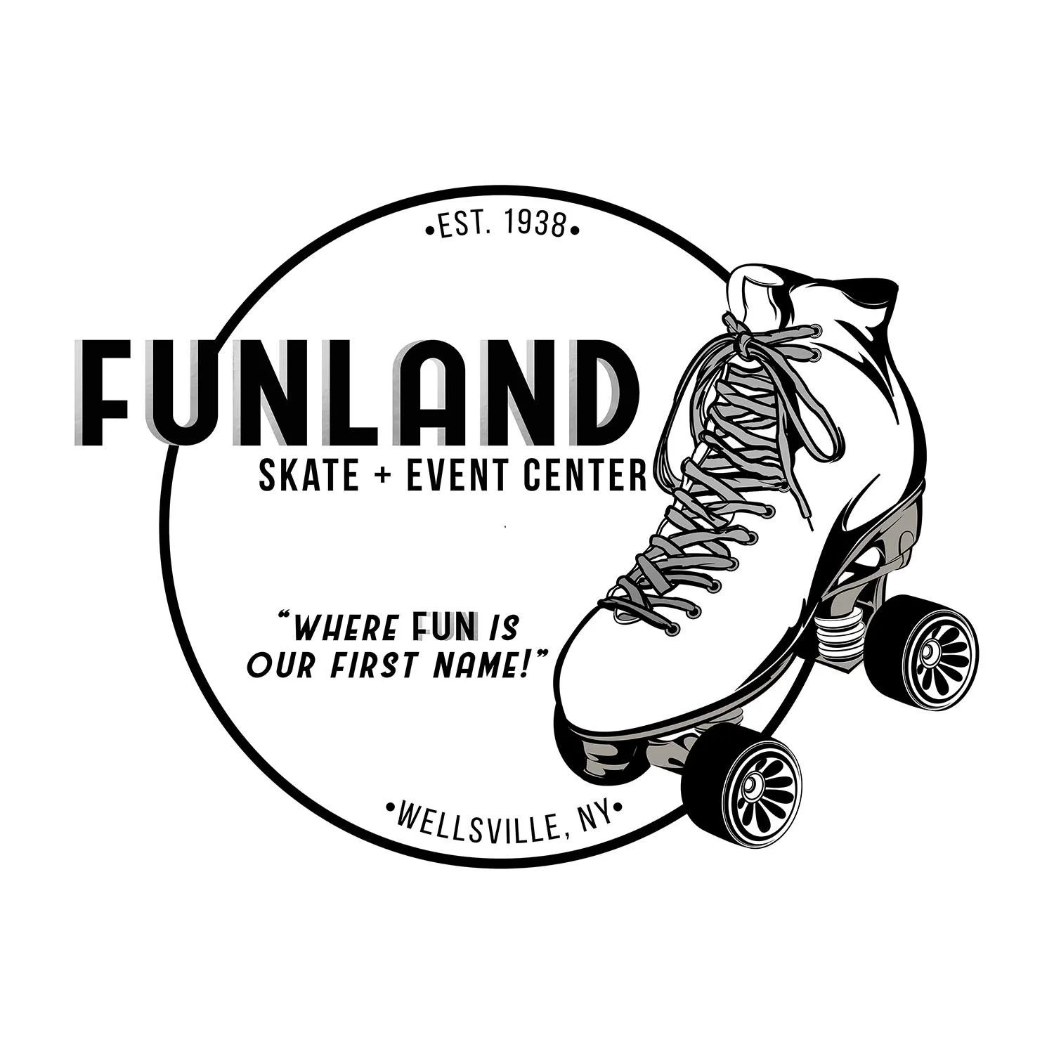 A black and white logo for Funland Skate + Event Center, established in 1938, located in Wellsville, NY, featuring a roller skate with wheels and laces.