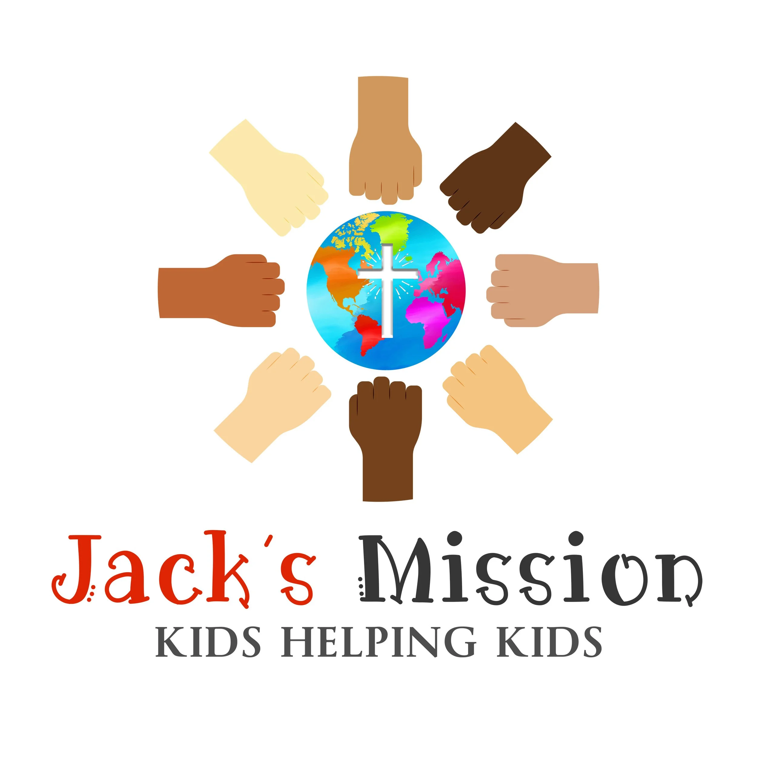 Multiple hands of different skin tones surrounding a globe with a cross in the center, symbolizing unity and support. Below, text reads 'Kids Helping Kids'.