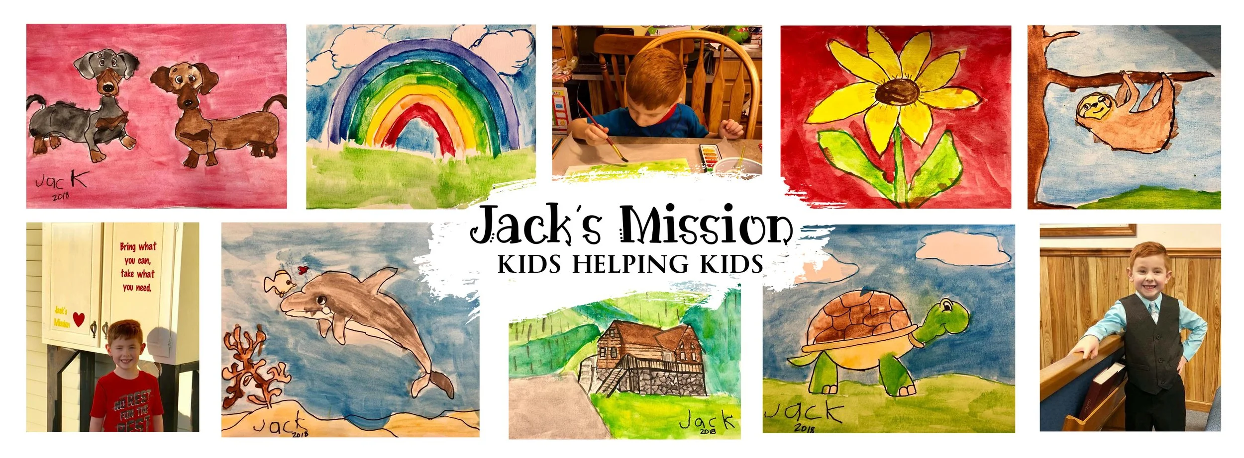 Collage of children's artwork and photos with the title 'Jack's Mission Kids Helping Kids'. The artwork features animals, a rainbow, a flower, a turtle, and a dolphin, all signed with 'Jack 2018'. Photos show a boy at an art table and two boys in fro