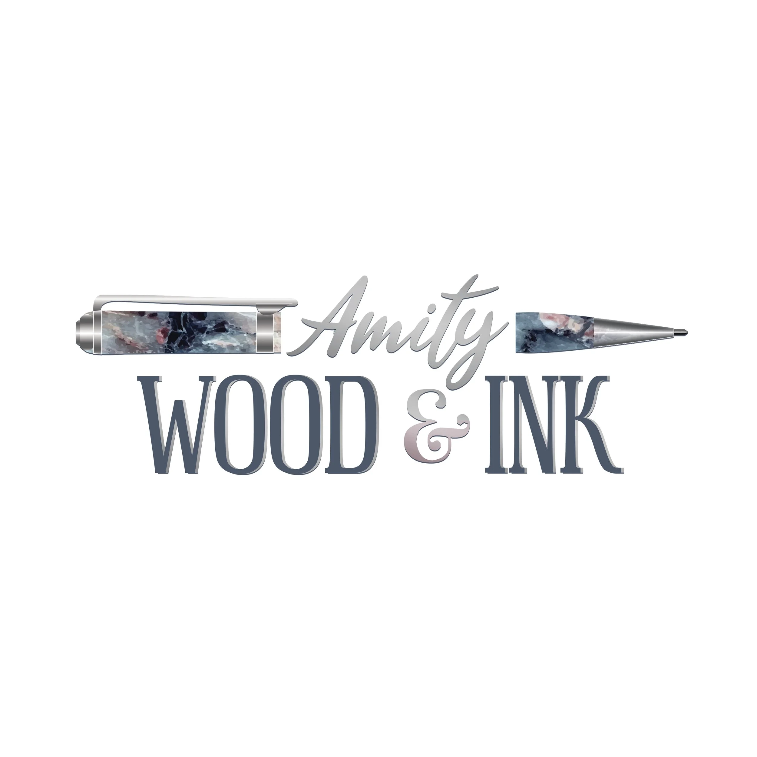 Close-up of a silver-colored pen with a marble pattern resting on a piece of paper with handwritten text that says 'Amity, WOU & INK' in cursive and printed font.