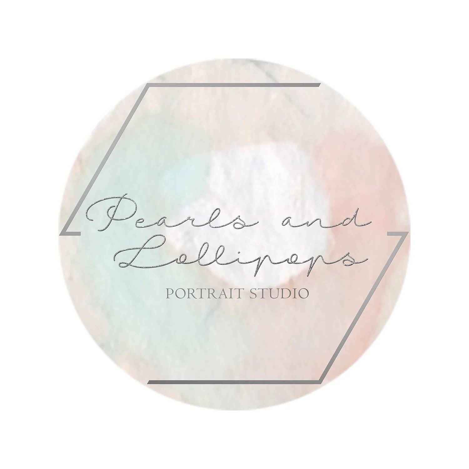 Logo for Pearls and Lollipops Portrait Studio with a watercolor pearl in the background and a thin gray geometric frame.