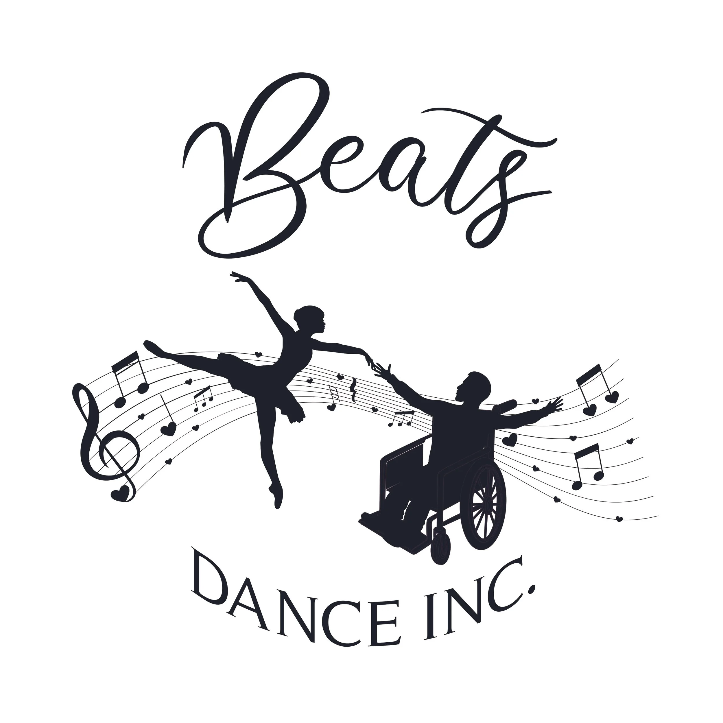 Graphic design with the words 'Ballet' and 'Dance Inc' in cursive black text, with silhouettes of ballet dancers and musical notes in black.