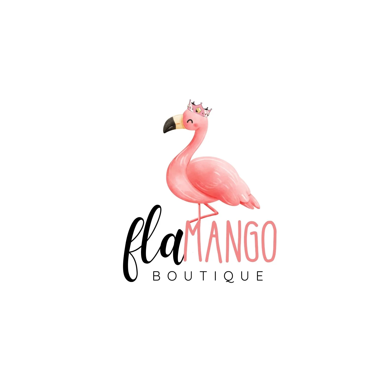 Logo for Fla Mango Boutique featuring a cartoon pink flamingo wearing a pink crown with black tips, with the text 'fla MANGO BOUTIQUE' below, with 'fla' in black cursive and 'MANGO' in pink uppercase letters.