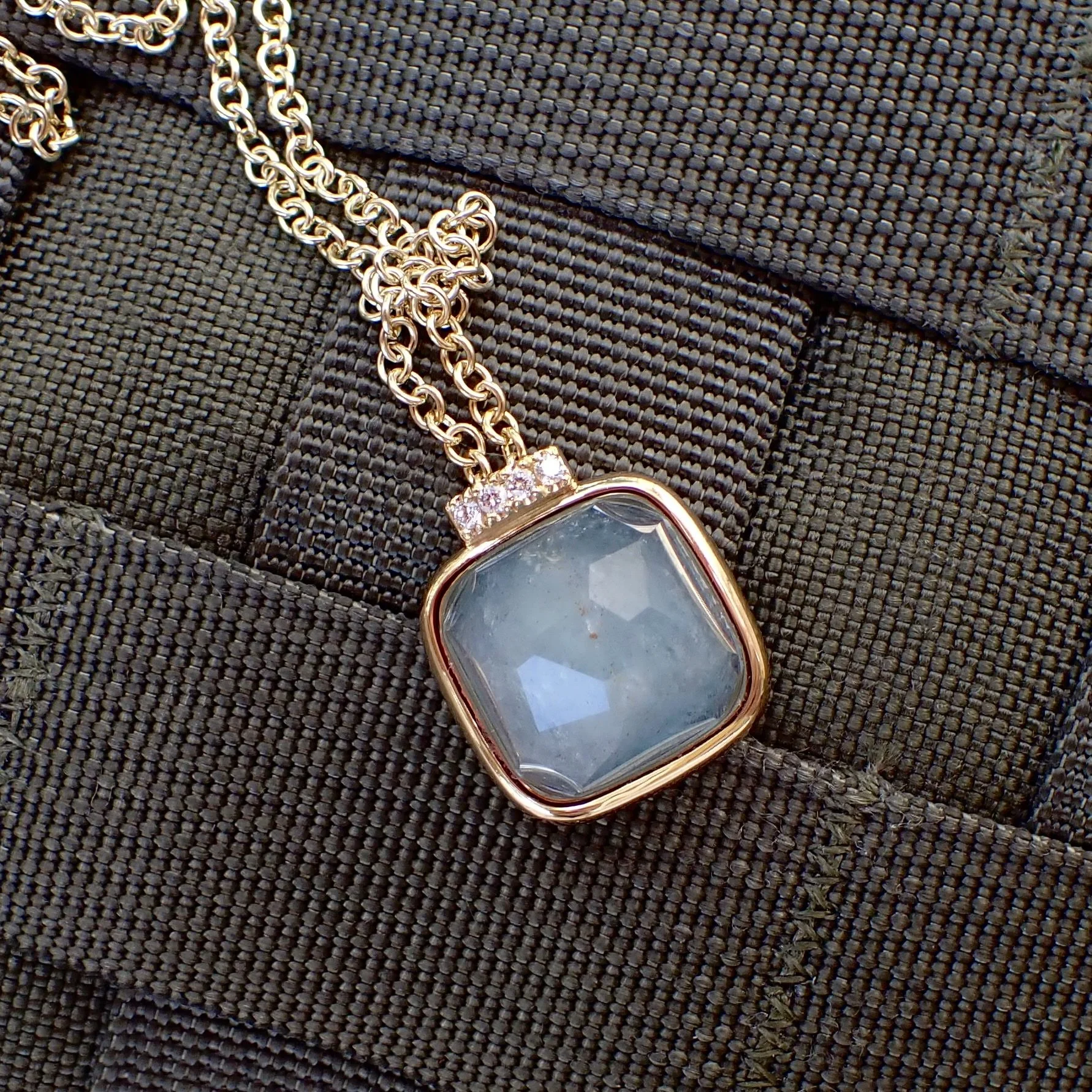 14k Yellow Gold Bezel set 14mm x 14mm Cushion Shaped Faceted Cabochon Aquamarine with 0.07 carats of Diamonds on an 18” 2.5mm Yellow Gold Cable Chain - $5025