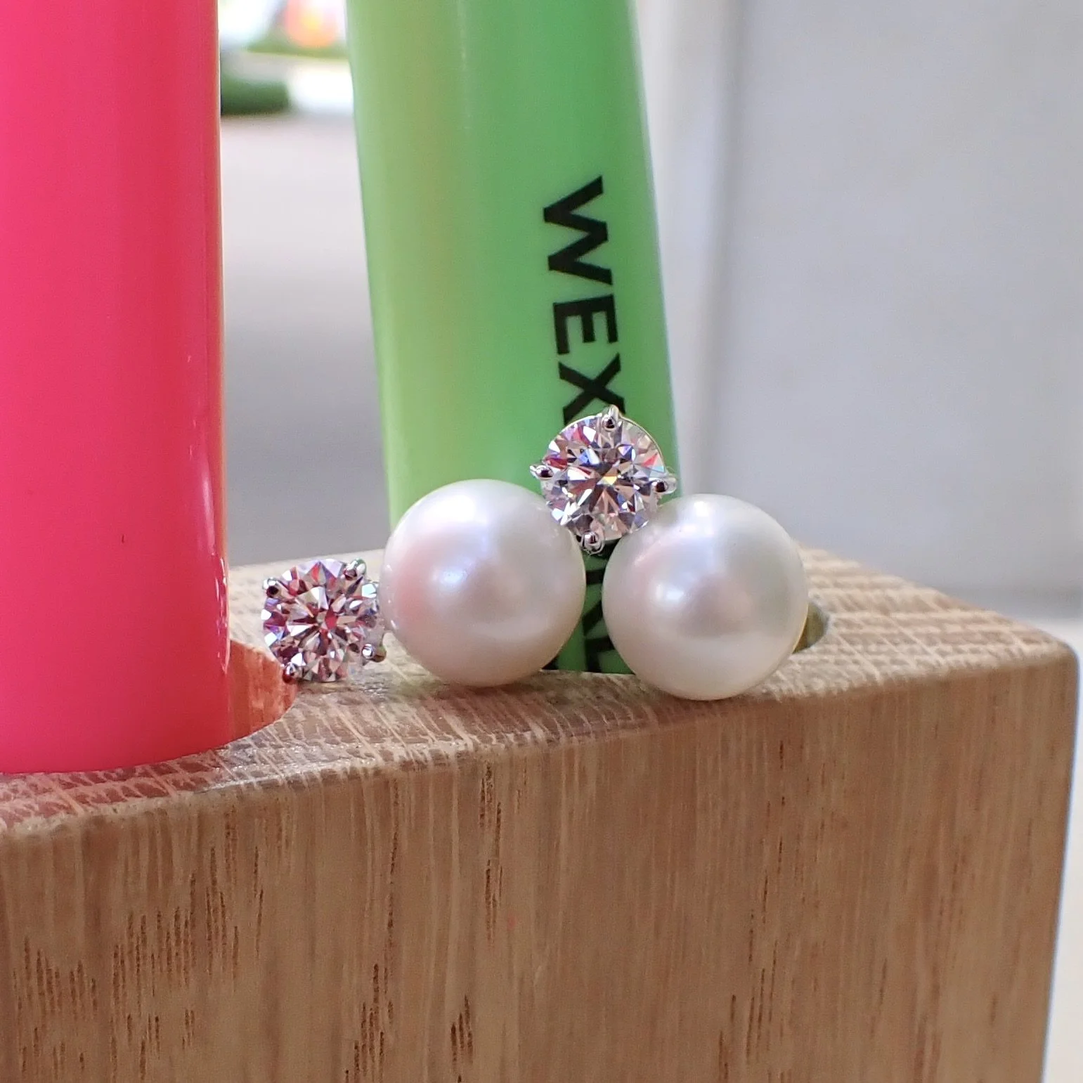 14k White Gold Earrings with 2.06 carats of Basket Set Lab Grown Diamonds and 9mm Fresh Water Pearls - $2955  (1.02 carat Round Brilliant Cut Lab Grown Diamond with Clarity Grade VVS2 and Color Grade F with IGI Report: LG789602483)  (1.04 carat Round