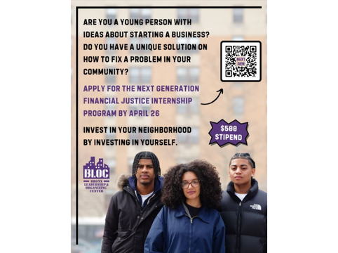 Flyer advertising a Financial Justice Internship program with a QR code, purple and black text, and three young people standing outside.