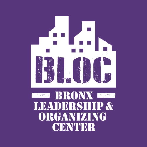 Logo with purple background showing stylized white city skyline and text that reads 'BLOC Bronx Leadership & Organizing Center'