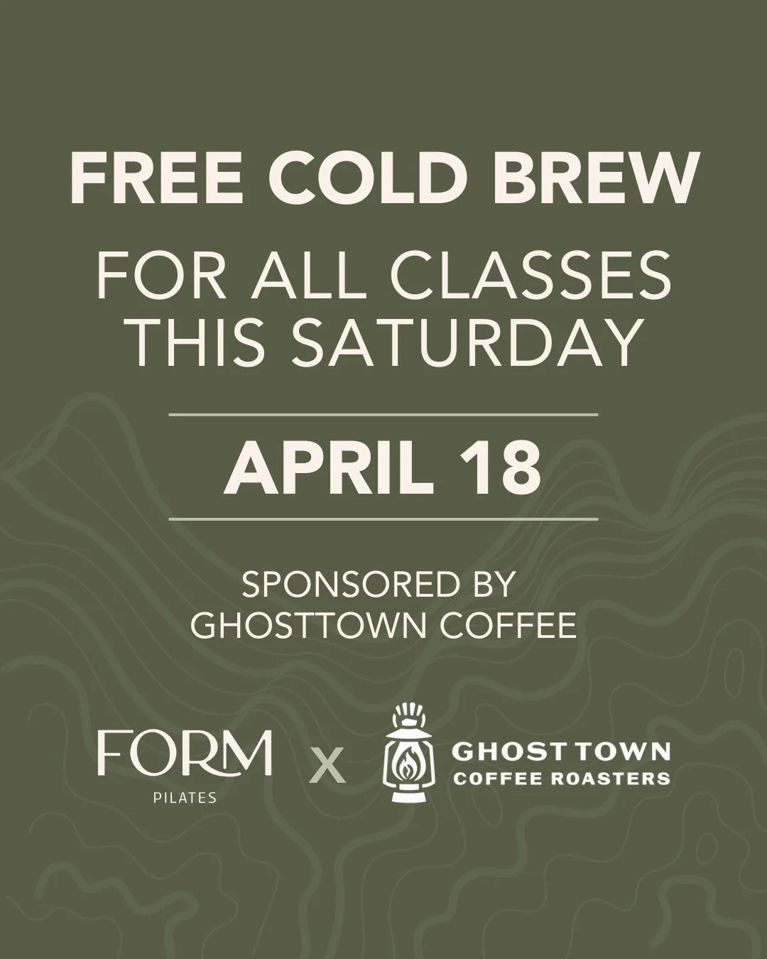 This weekend at the studio! ☕️☀️⁠
⁠
This Saturday, April 18th, we'll have complimentary Cold Brew for all of our classes, courtesy of our fav @ghosttowncoffee 💚⁠
⁠
Book your spot before they fill up!