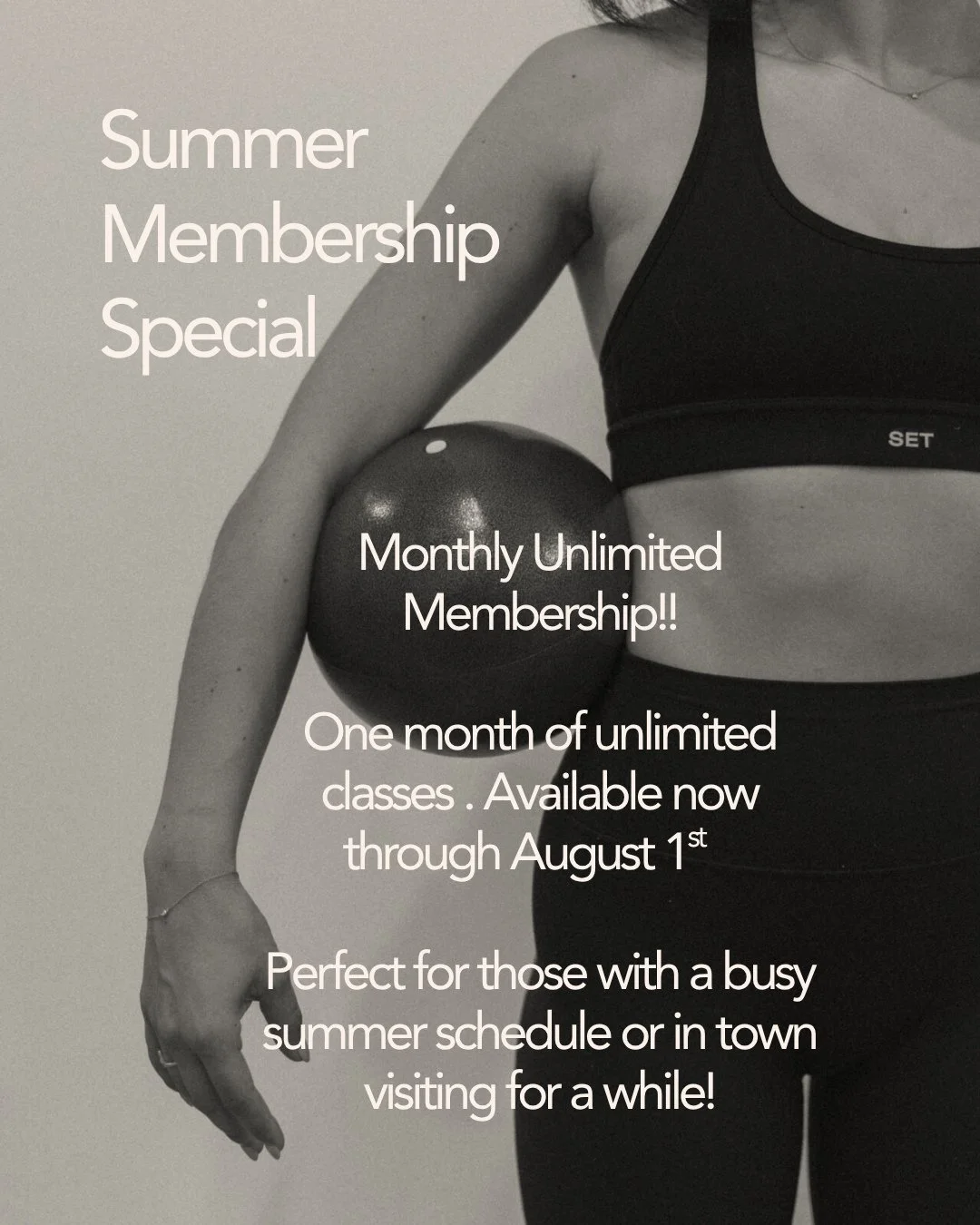 SUMMER MEMBERSHIP SPECIAL ✨
One month unlimited classes &mdash; perfect for summer routines, travel schedules, and staying strong all season long. Available through August 1st.