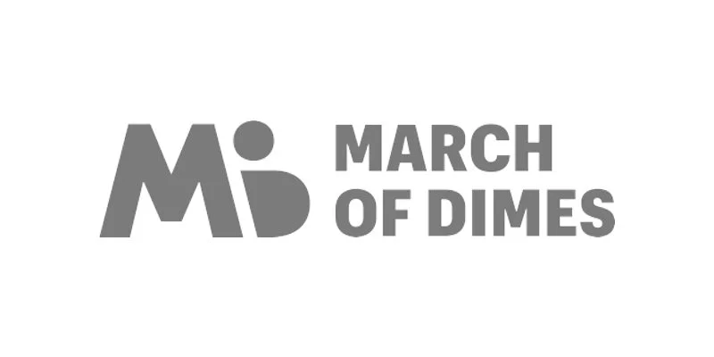 Black and white logo for the March of Dimes with stylized initials 'Md' and text 'March of Dimes'.