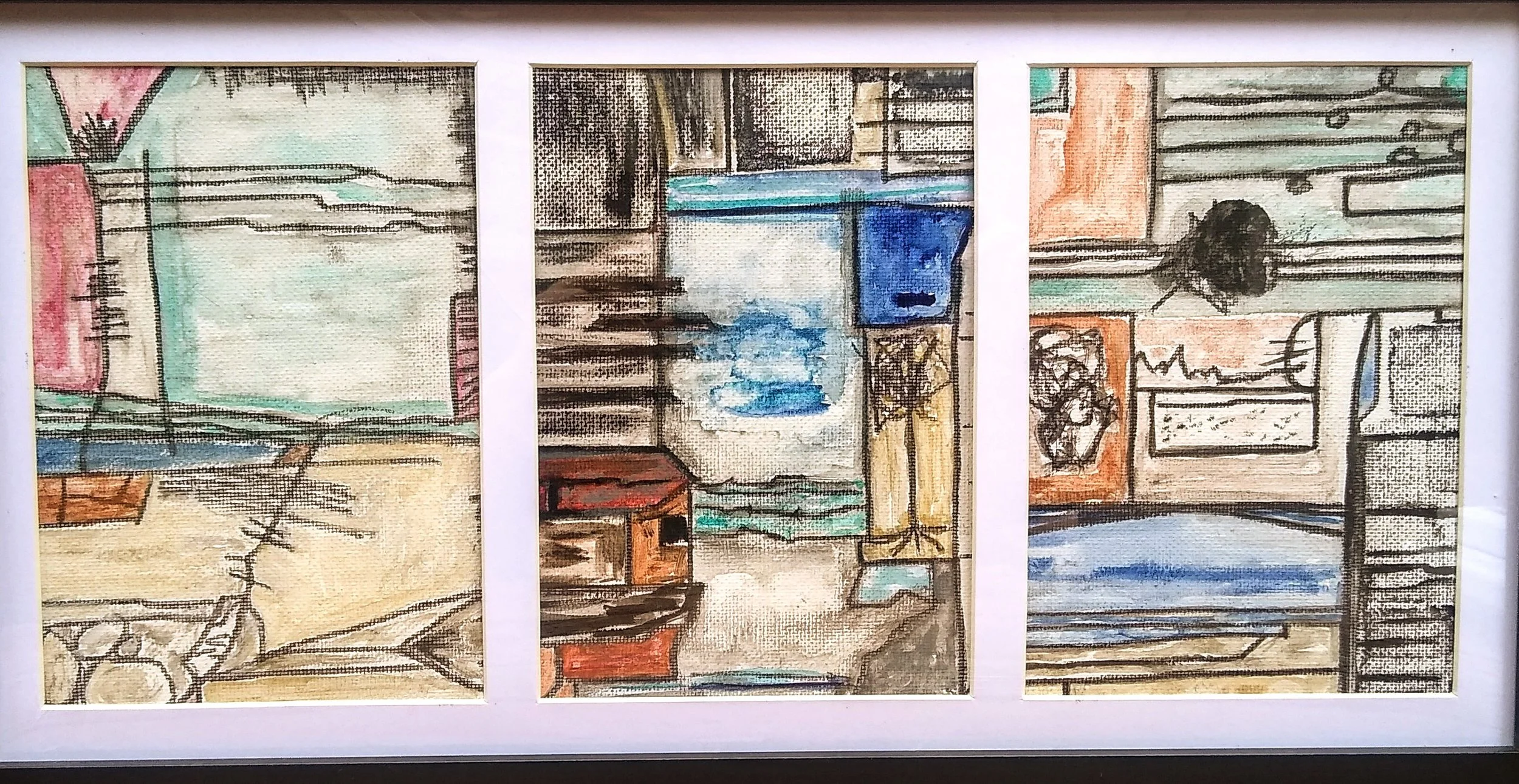 "Verde Views" Set of 3, 5"x7" Watercolor and charcoal on canvas, $250 or $300 framed