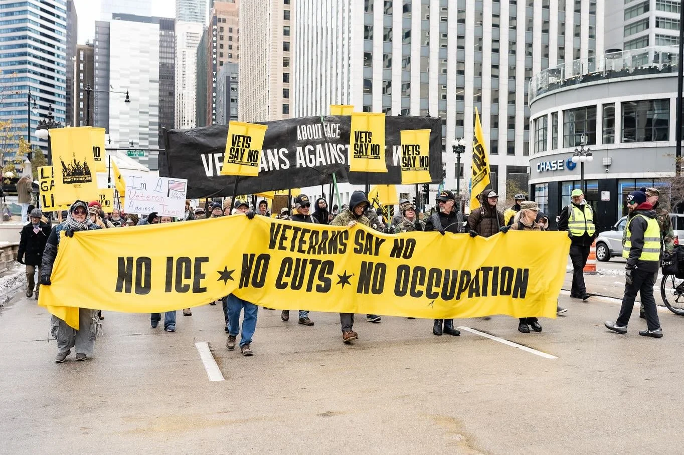In solidarity with our partners at @vetsaboutface , we at CUFC joined veterans, unions, elected officials, and allies at the Veterans Unity Day March to say NO CUTS, NO ICE, NO OCCUPATION of the city of Chicago. Through working alongside people-first