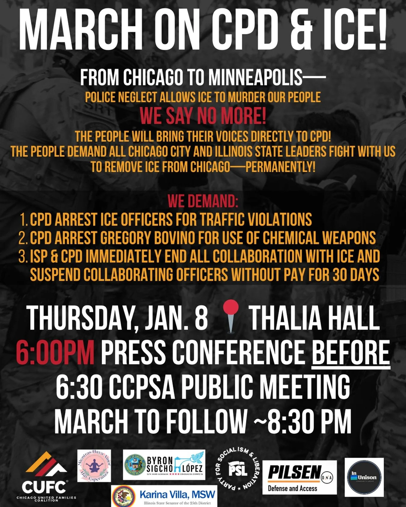 TOMORROW AT THALIA HALL‼️ Join CUFC &amp; partners to give public comment and demand accountability for CPD&ndash;ICE collaboration!

THURSDAY, JANUARY 8
⏰ 6:00 PM Press Conference 📍 In front of Thalia Hall (1807 S Allport St, Chicago, IL 60608)

6: