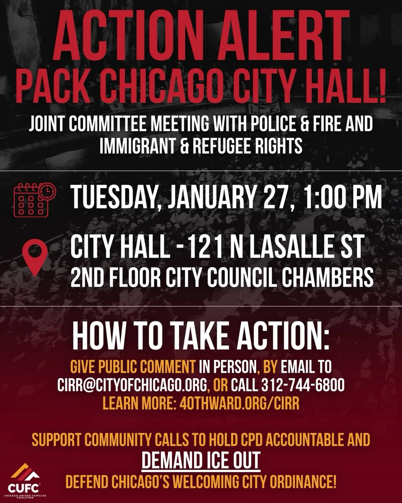 On Tuesday, City Council will hold a joint meeting of the Committees on Immigrant &amp; Refugee Rights + Police &amp; Fire to discuss legislation aimed at strengthening how Chicago investigates violations of the Welcoming City Ordinance.
&nbsp;
🗓 Tu