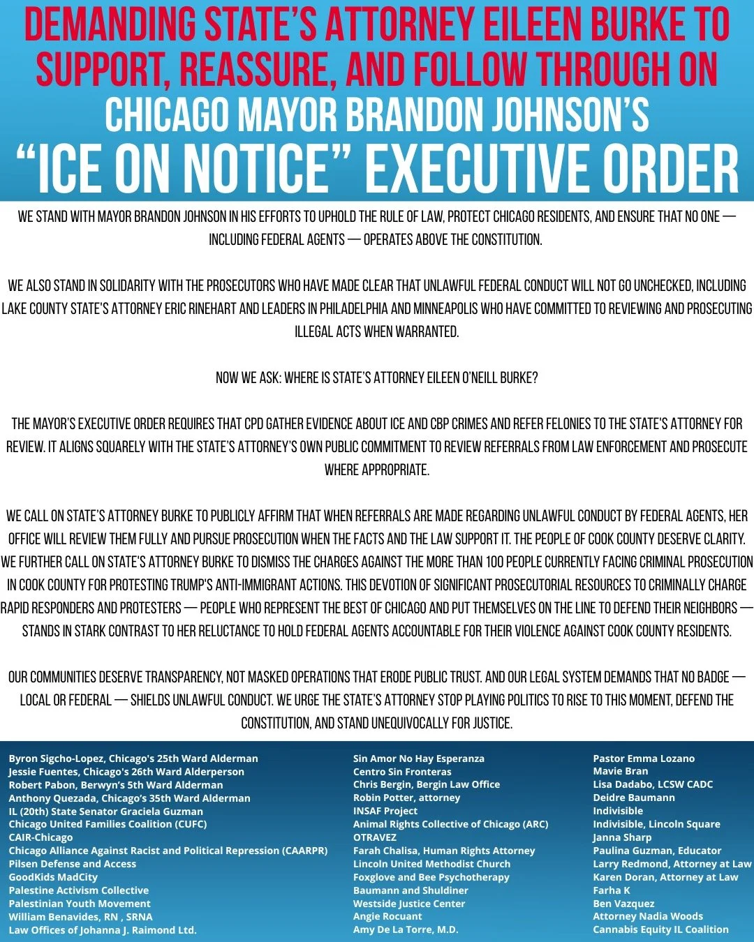 This past Saturday, January 31st, many organizers, community allies and alderpeople joined Chicago Mayor Johnson as the Mayor signed the new executive order "ICE on Notice", which will open pathways for ICE agents to be prosecuted for viola