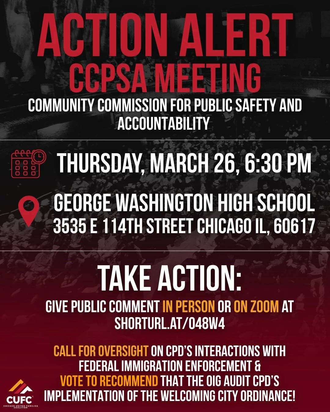 🚨 COMMUNITY ACTION ALERT: SHOW UP FOR ACCOUNTABILITY 🚨

This week + next, we have critical opportunities to demand transparency and accountability from CPD on interactions with ICE!

🗓 TOMORROW: CCPSA MONTHLY MEETING
📍 George Washington High Scho