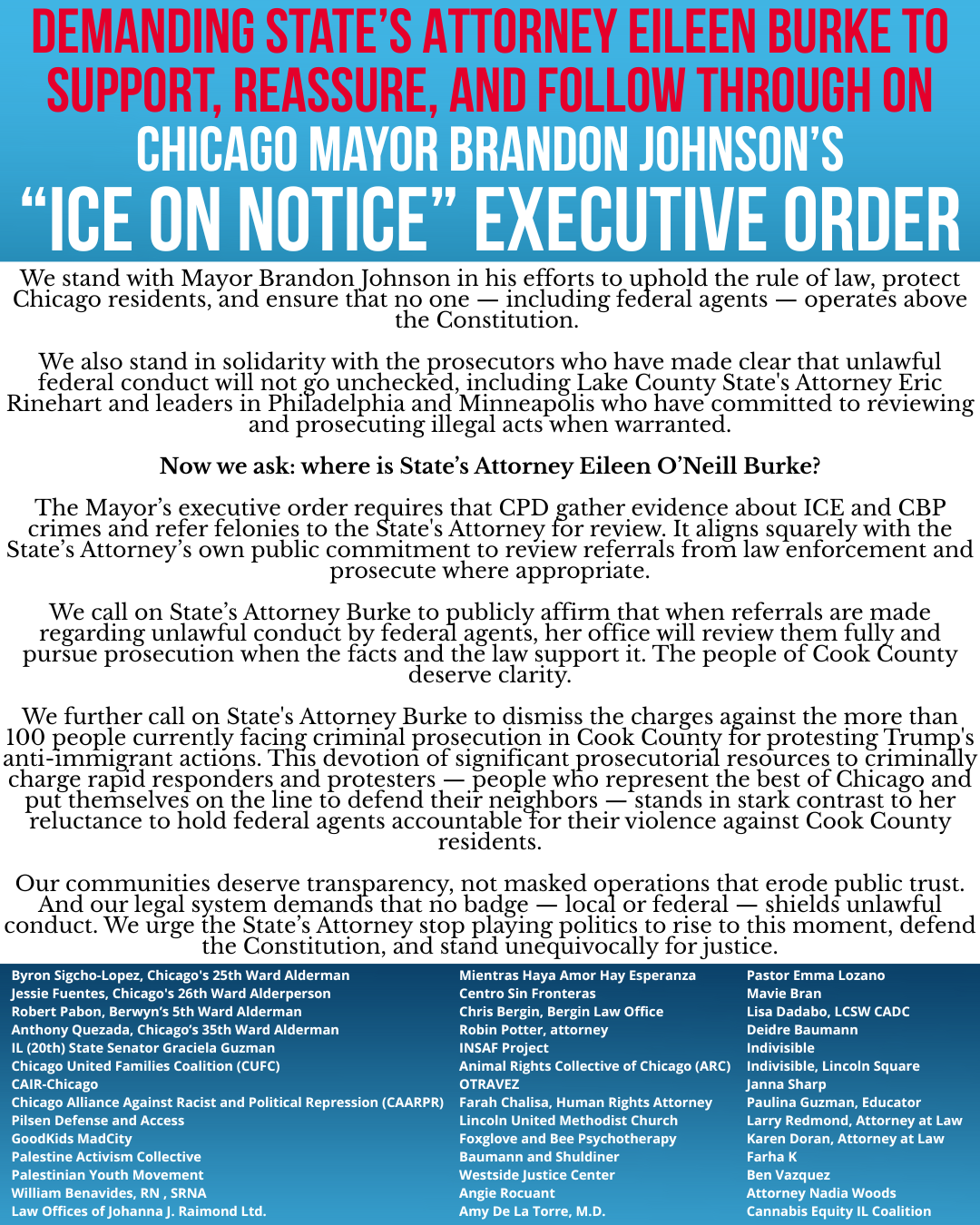 PRESS STATEMENT: Demanding State’s Attorney Eileen Burke to Support Mayor Johnson’s“ICE on Notice” Executive Order