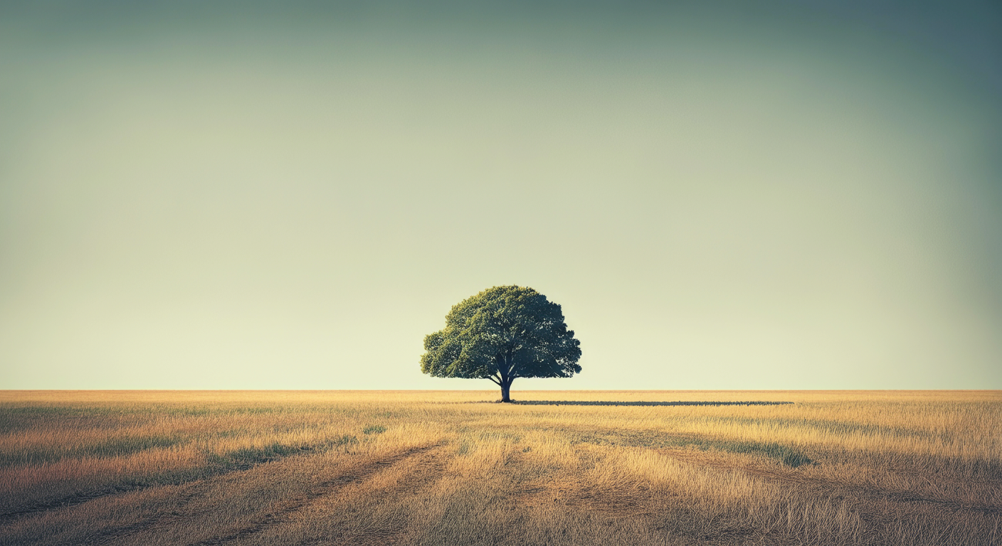 Single tree in a vast open field of wheat, under a gradient sky in relaxing tones of gold and green.