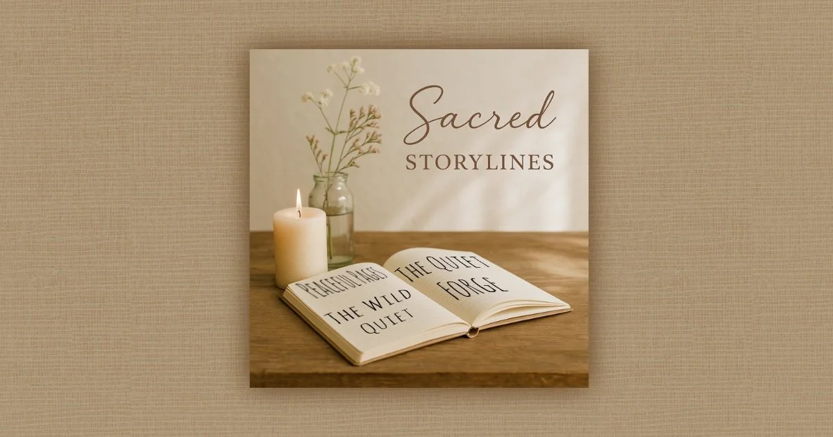 A book open to pages with handwritten text, a lit candle, and a vase with dried flowers on a wooden surface, with a sign behind that reads "Sacred STORYLINES."