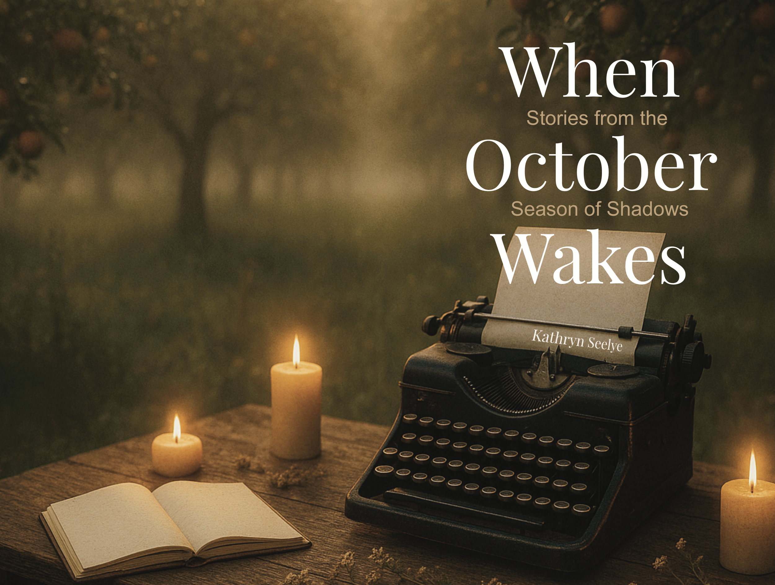 Open book, vintage typewriter, candles, and a notebook on a wooden table in a dimly lit, cozy setting with trees and candles in the background.