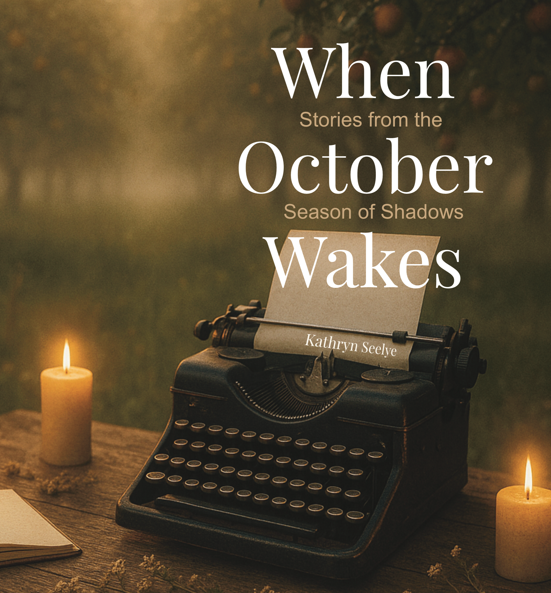 Vintage black typewriter with a sheet of paper, lit candles on a wooden table, and blurred background with dark shadows and orange lights.