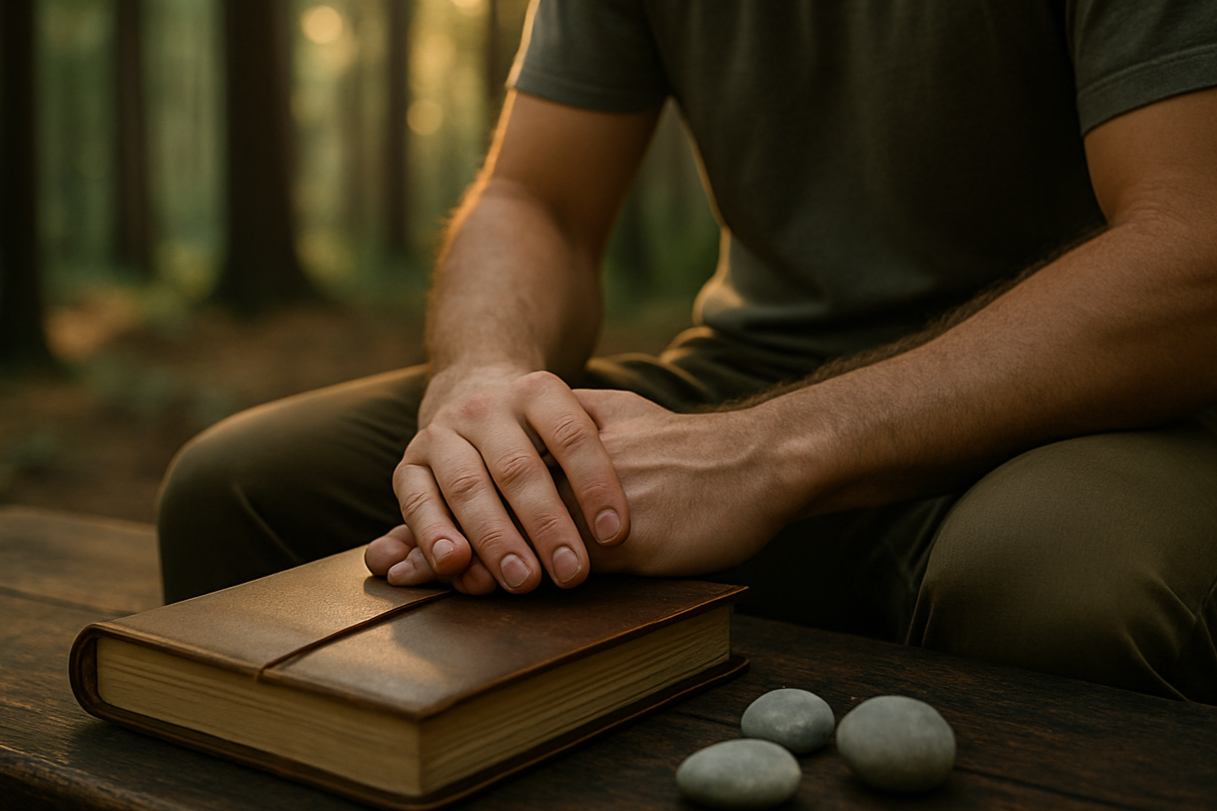 A person sitting outdoors on a wooden surface with their hands folded on a closed leather journal, surrounded by four smooth stones, with a blurred forest background during sunset.