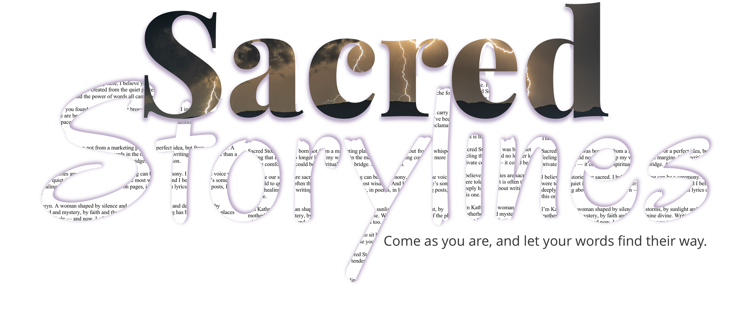 A stylized graphic with the words 'Sacred Storms' in a purple outline, filled with an image of a stormy sky with lightning over mountains, and a faint background of text.