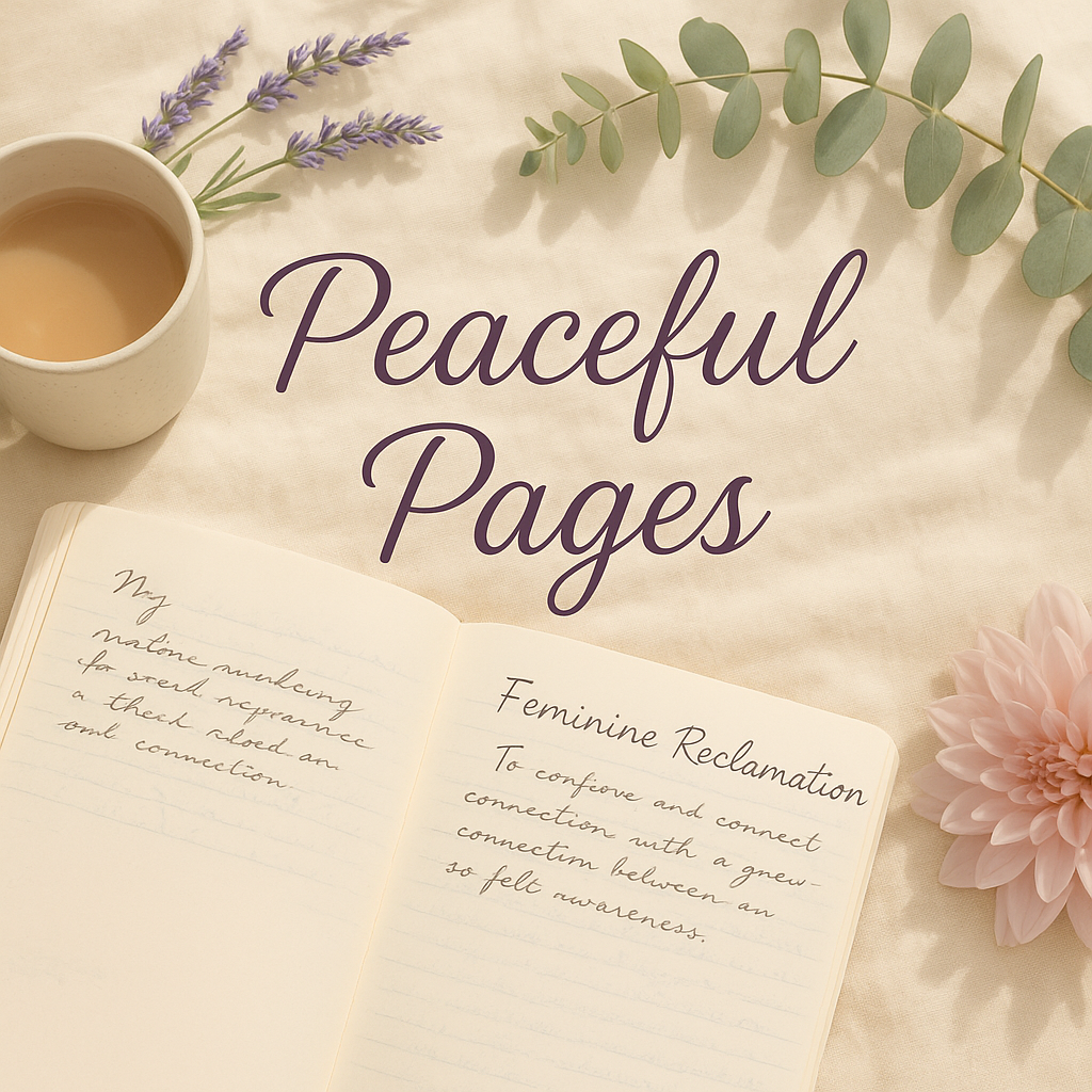 Open journal with handwritten notes titled "Feminine Reclamation" on a soft surface, surrounded by lavender sprigs, eucalyptus leaves, a pink dahlia flower, and a cup of tea.