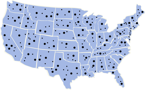 Map of the United States showing various states shaded in light blue with black dots distributed across each state.