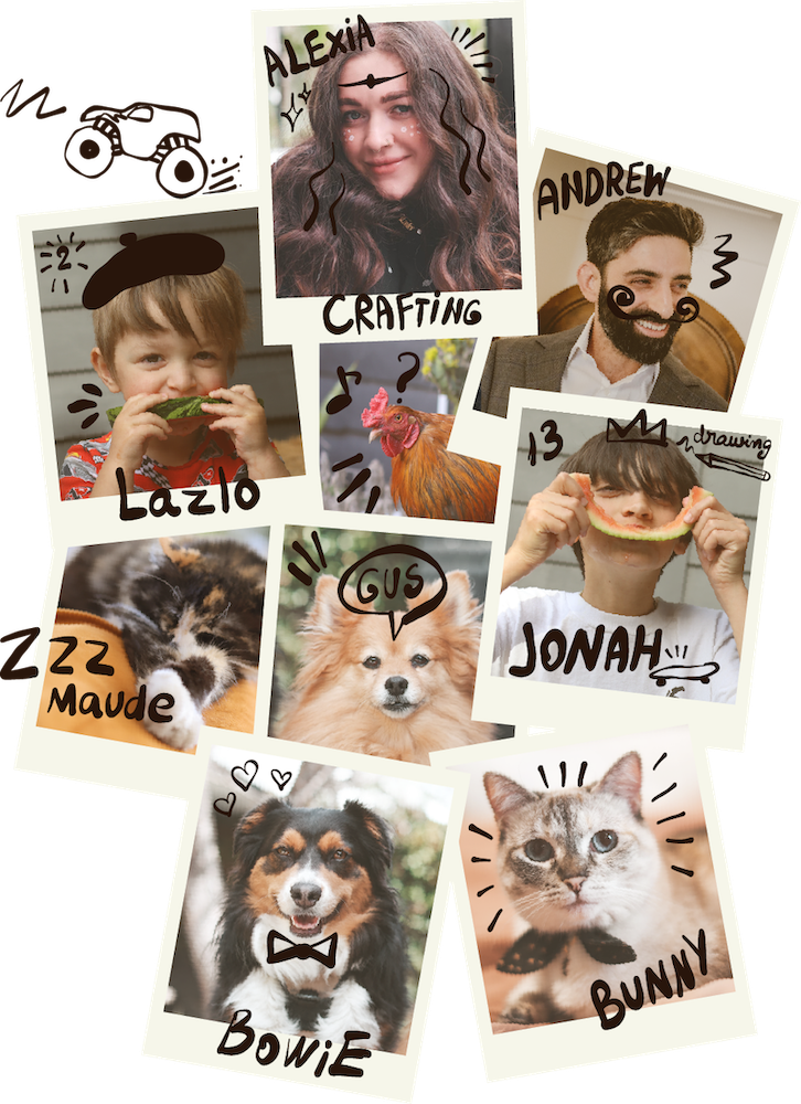 Collage of nine family and pet photos with doodles and names scribbled on them.
