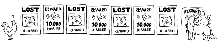 Illustration of eight posters with reward notices, including a rooster on the left and a bull on the right.